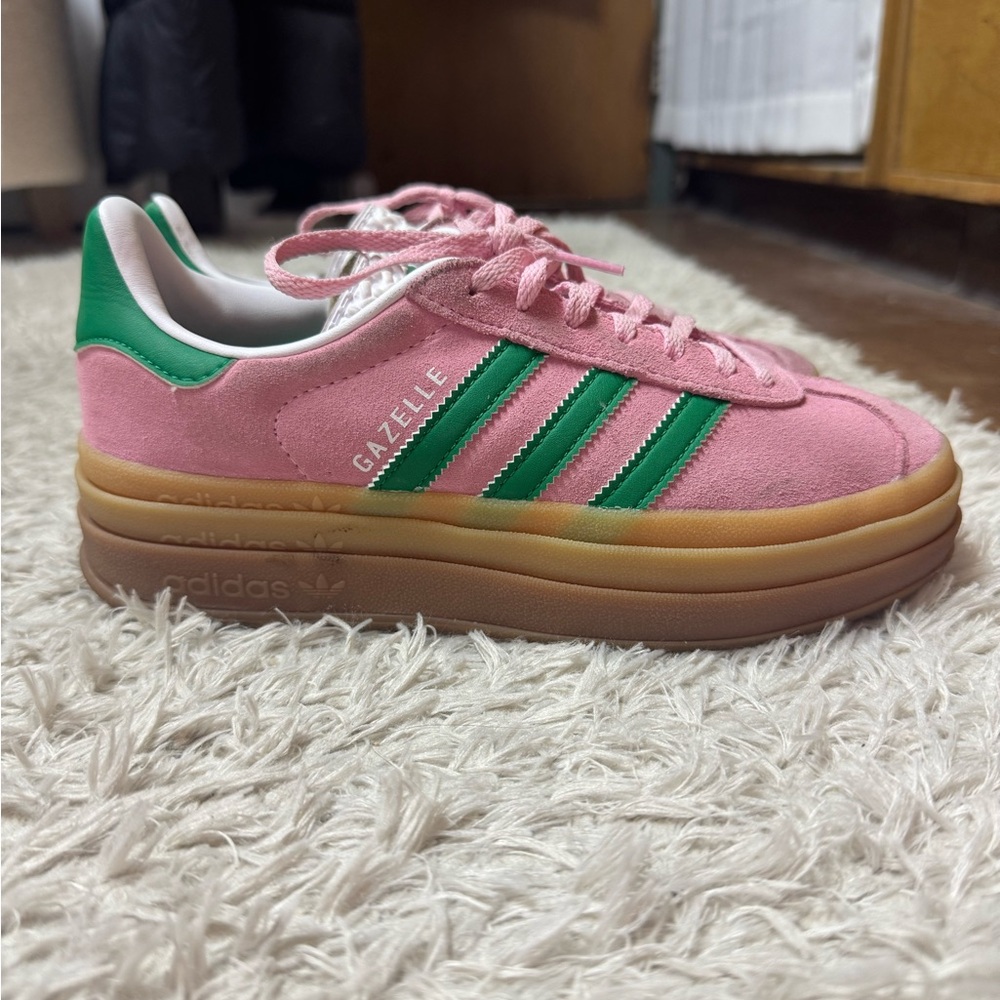 adidas Gazelle Pink with Green Stripes and Gum Sole